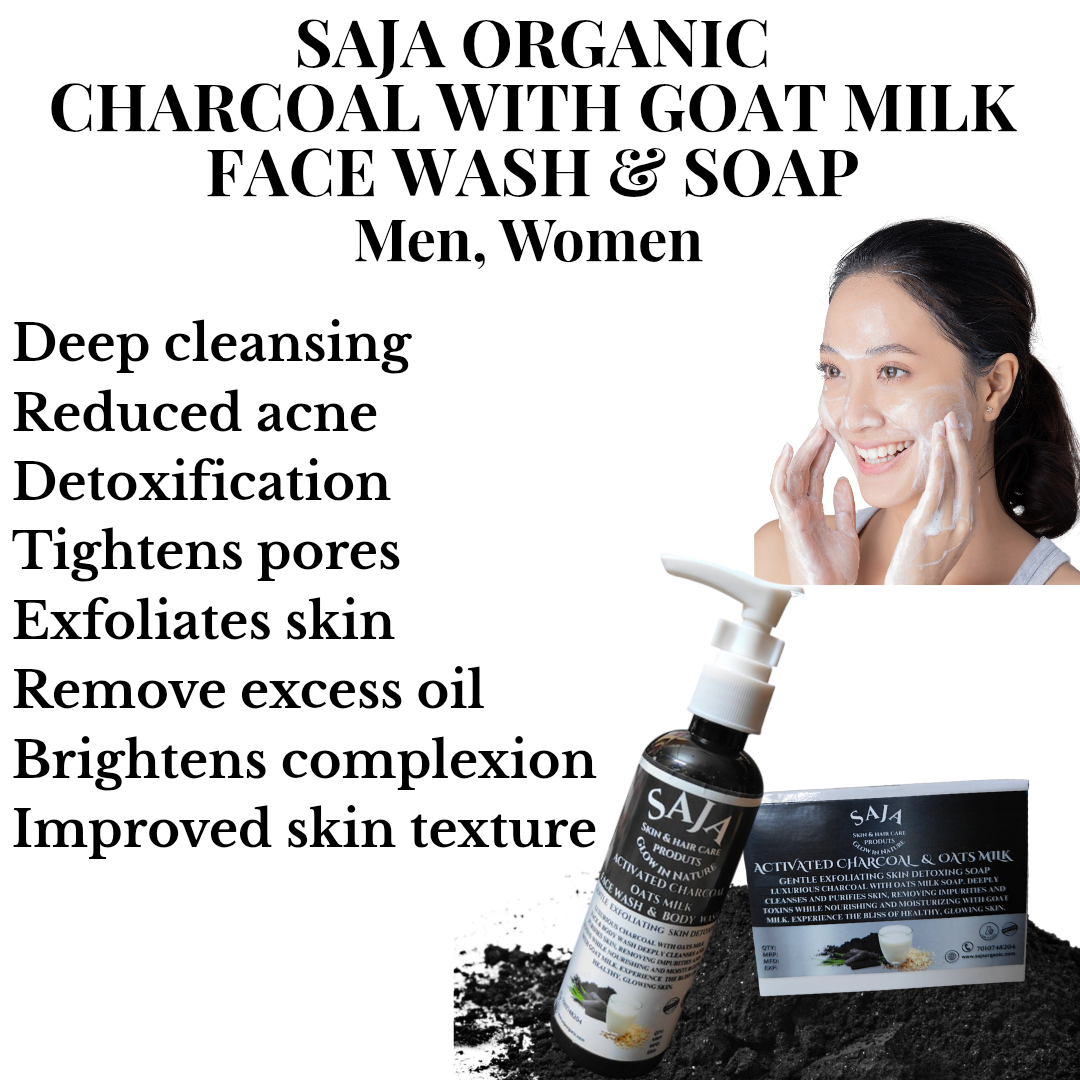 SAJA ORGANIC ACTIVATED CHARCOAL WITH GOAT MILK FACE & BODY WASH  ACTIVATED CHARCOAL WITH GOAT MILK SOAP
