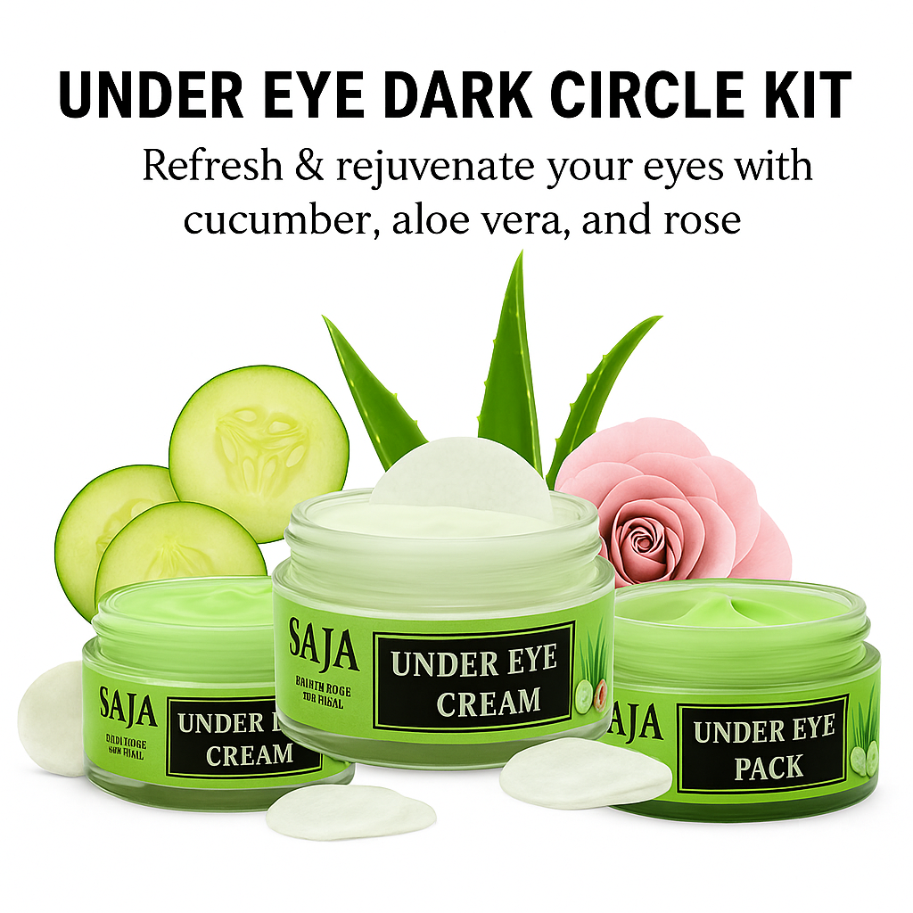 SAJA Under Eye Dark Circle Kit | Herbal Cream, Pack & Gel Pads with Serum | Reduces Puffiness, Fine Lines & Dark Circles