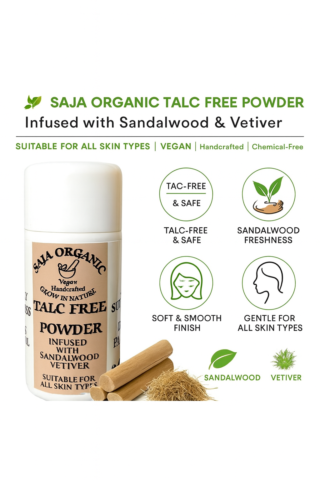 SAJA TALC-FREE POWDER — SANDALWOOD & VETTIVER | NATURAL, VEGAN, COOLING BODY POWDER
