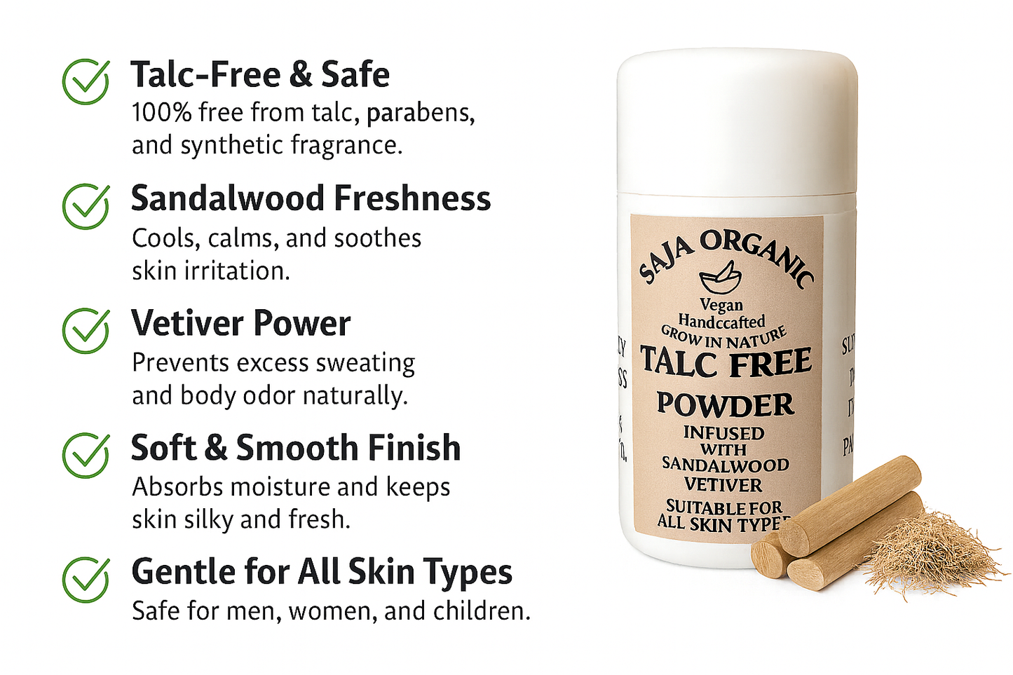 SAJA TALC-FREE POWDER — SANDALWOOD & VETTIVER | NATURAL, VEGAN, COOLING BODY POWDER